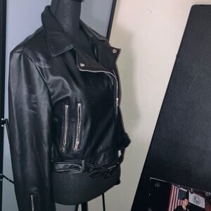 Fashion Nova Black faux leather Bomber Jacket with Zipper Accents